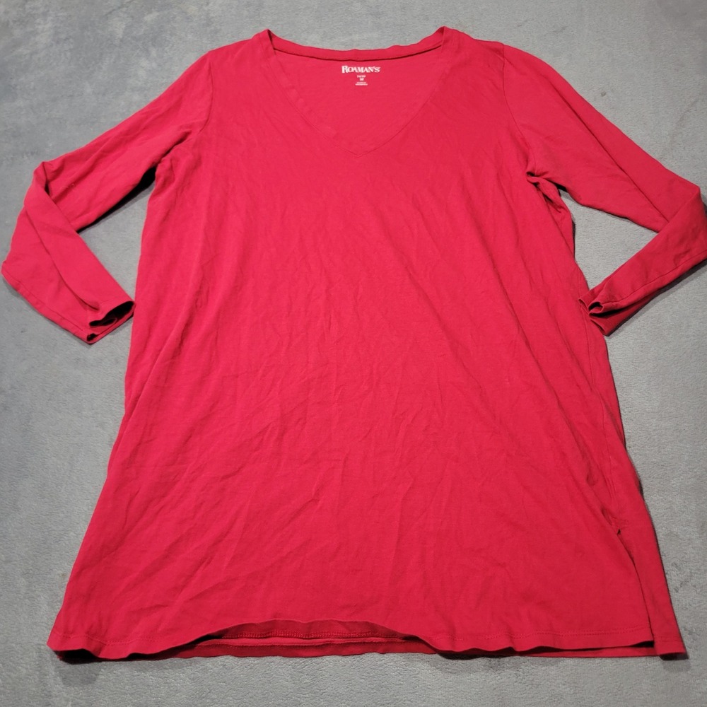 Roaman's Tunic Top Womens 14/16 M Red V-Neck Long Sleeve 100% Cotton Casual Slit